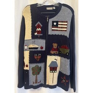 VTG 90s Croft & Barrow Americana Blue Zip Up Cardigan Womens 1X Pies Teddy Bear